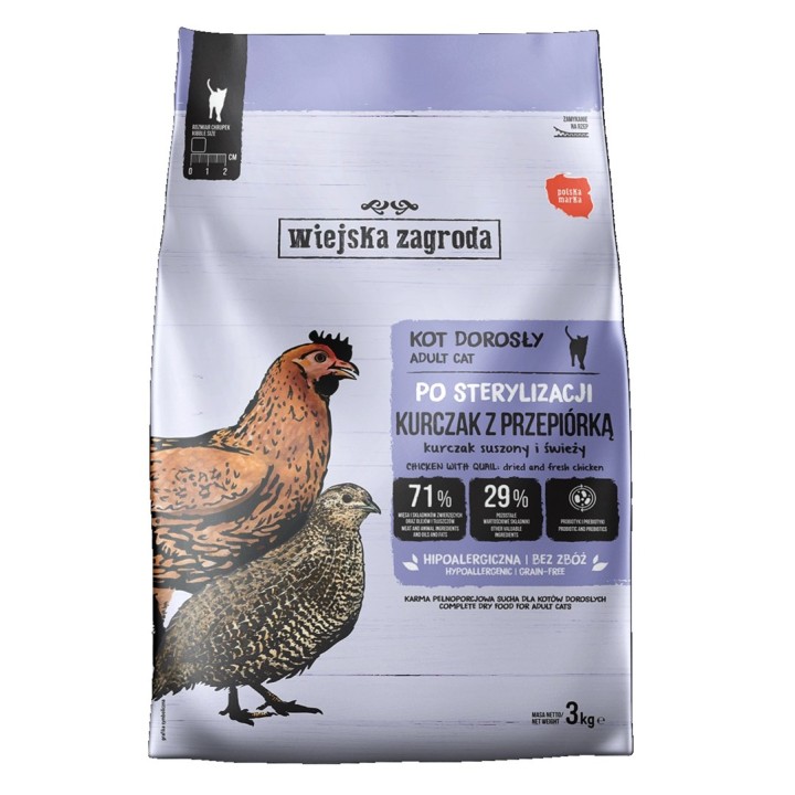 WIEJSKA ZAGRODA Sterilised pollo con quaglia - cibo secco per gatti - 3kg