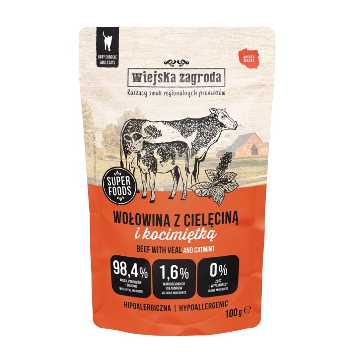 WIEJSKA ZAGRODA Manzo con vitello e catnip – cibo umido per gatti – 100g