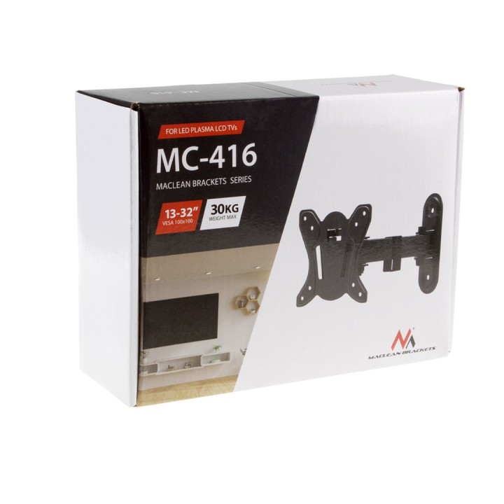 Maclean MC-416 TV supporto monitor a parete 13 -32 30kg inclinazione rotazione max VESA 100x100 verniciatura nera a polvere staf