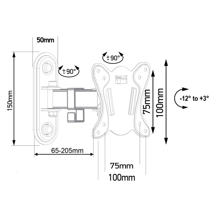 Maclean MC-416 TV supporto monitor a parete 13 -32 30kg inclinazione rotazione max VESA 100x100 verniciatura nera a polvere staf