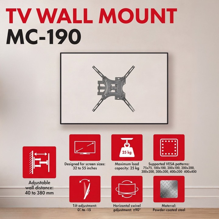 Maclean TV supporto / staffa max VESA 400x400 32-55 fino a 25 kg nero regolazione inclinazione 0°–-15° e regolazione rotazione +