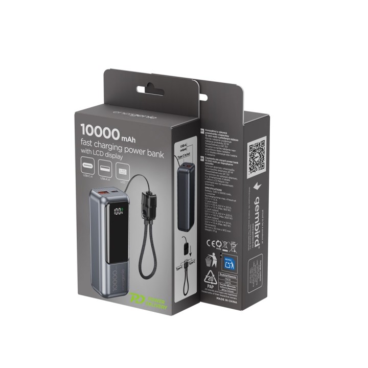 Gembird PB10-PD20-LCD-02 Powerbank compatto con ricarica veloce e display LCD 20W 10000 mAh grigio spazio