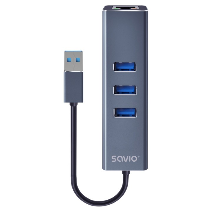 Savio AK-57 USB-A - 3 x USB-A HUB con adattatore RJ-45 Gigabit Ethernet 5000 Mbit/s grigio USB 3.2 Gen 1 (3.1 Gen 1) Micro-B 500