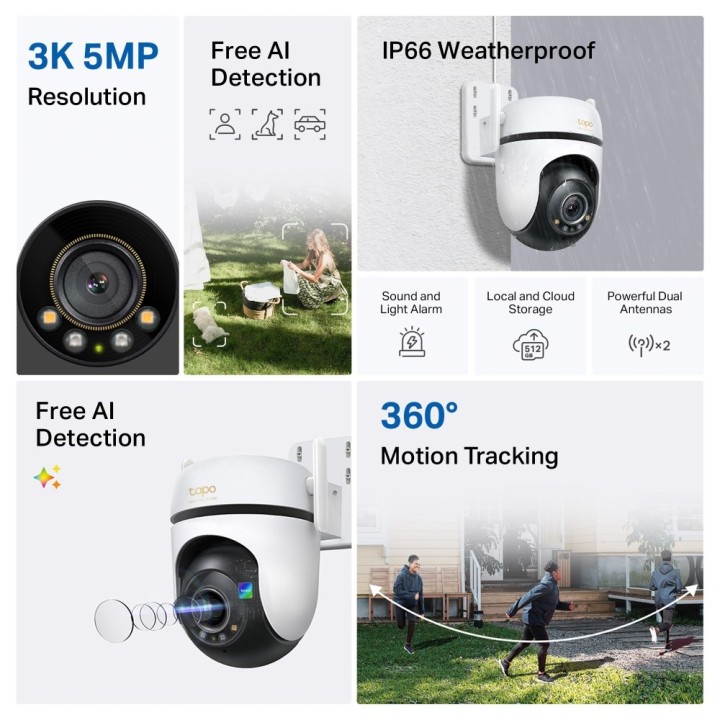 TP-Link Telecamera Wi-Fi di sicurezza Pan/Tilt esterna SPEC: 3K 5MP (2880x1620) 2.4 GHz 2 × antenne esterne 1 × porta Ethernet o