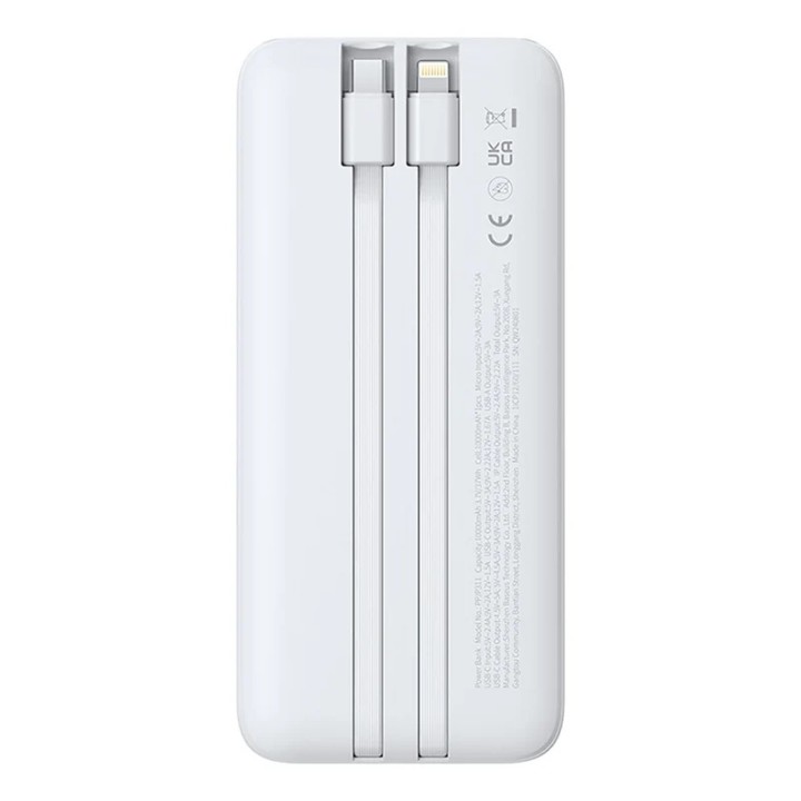 Baseus Lipow Power Bank 10000mAh 22.5W con due cavi integrati (con cavo Baseus Simple USB-A - USB-C 3A 20cm) - Bianco