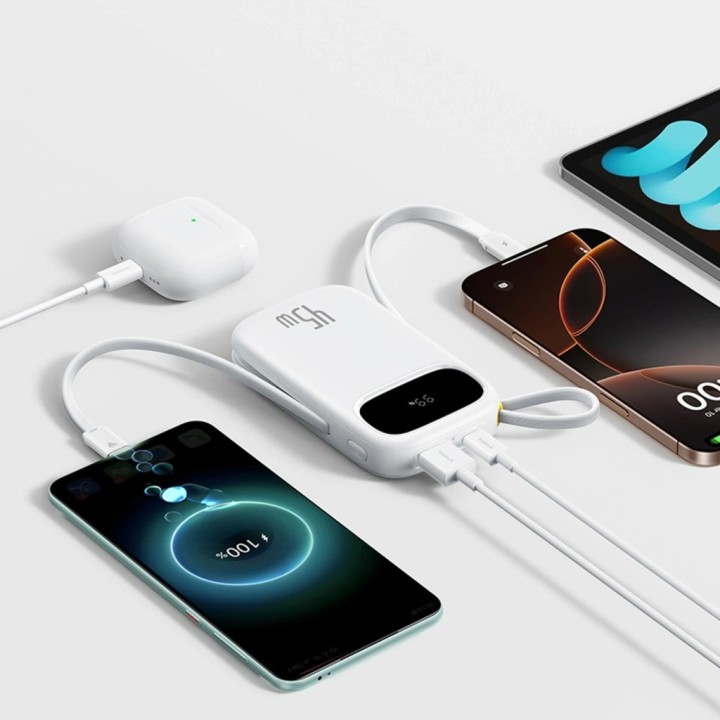 Baseus EnerFill FC31 QPow3 10000mAh 45W Power Bank con Display Digitale e 2 Cavi USB-C Integrati – Bianco