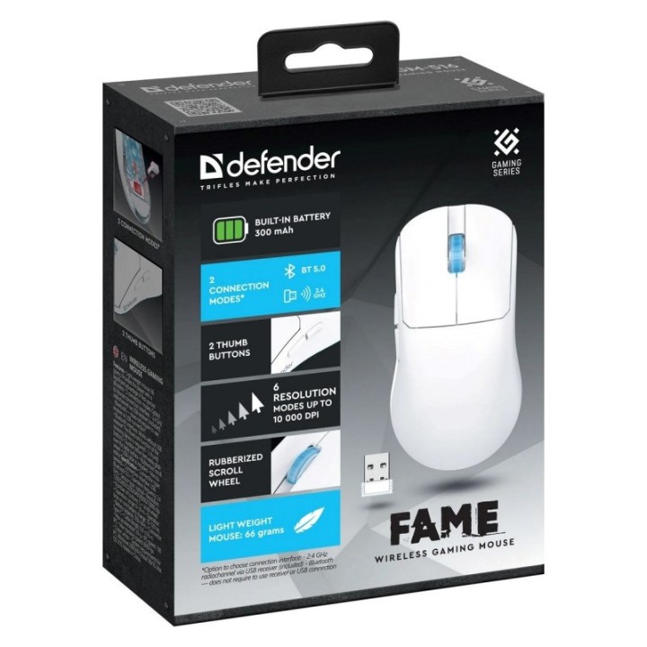 Mouse wireless DEFENDER FAME GM-516 RF+BT 10000DPI 6P bianco
