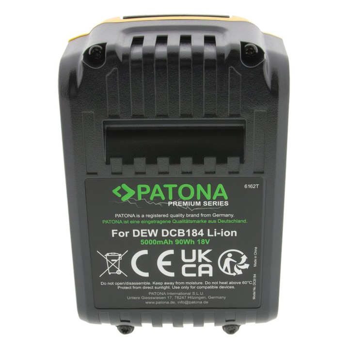 PATONA Batteria Premium per DeWalt DCB184 (18V 5.0Ah XR) nero giallo
