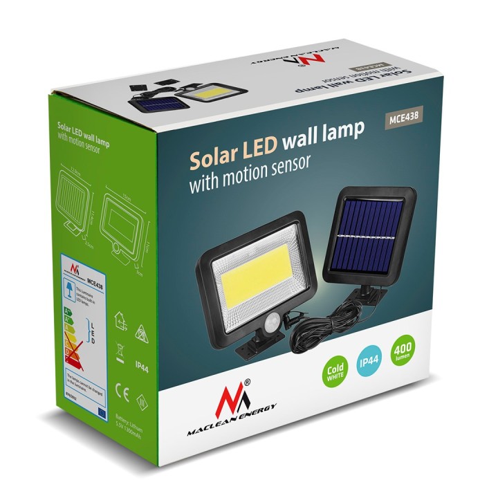 Maclean Energy MCE438 Solar LED faro con sensore di movimento IP44 5W 400lm 6000K bianco freddo batteria al litio 1300 mAh 5.5V 