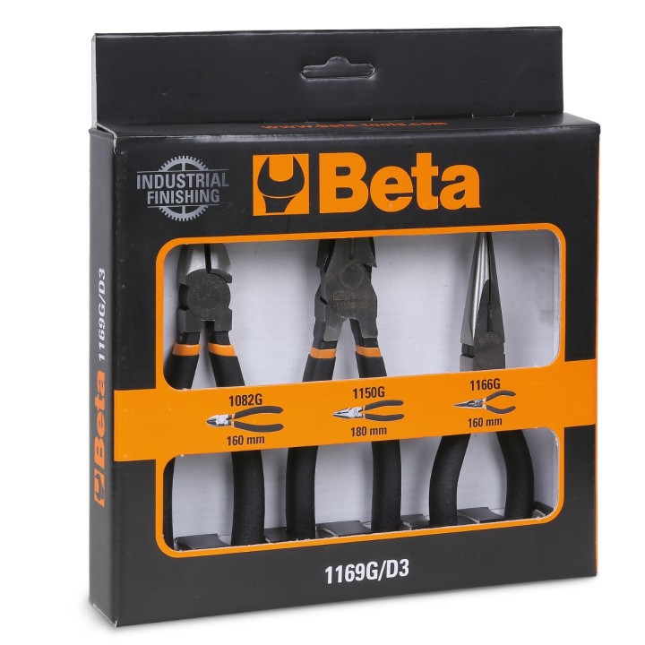 Beta 1169G/D3 Assortimento di 1 pinza universale, 1 pinza becchi mezzotondi lunghi e 1 tronchese, con 2 strati di PVC antiscivol