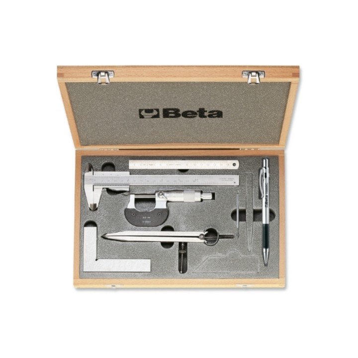 Beta 1685/C7 Assortimento di 7 strumenti per misurare e tracciare (art. 1650, 1658/25, 1670, 1680C, 1682, 1688BC) in cassetta 01