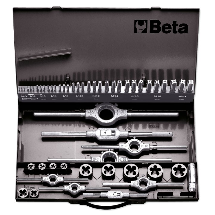 Beta 447/C53 Assortimento di maschi e filiere con accessori in acciaio HSS filettatura metrica in cassetta metallica 004470060