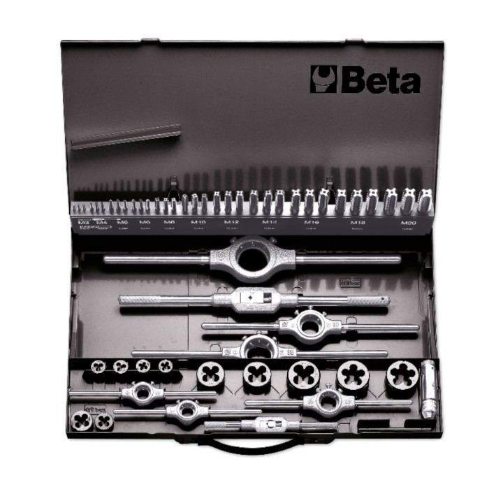 Beta 447/C53 Assortimento di maschi e filiere con accessori in acciaio HSS filettatura metrica in cassetta metallica 004470060