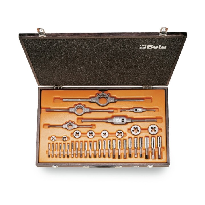 Beta 446ASC/C37 Assortimento di maschi e filiere con accessori in acciaio al cromo filettatura UNC in cassetta di legno 00446008