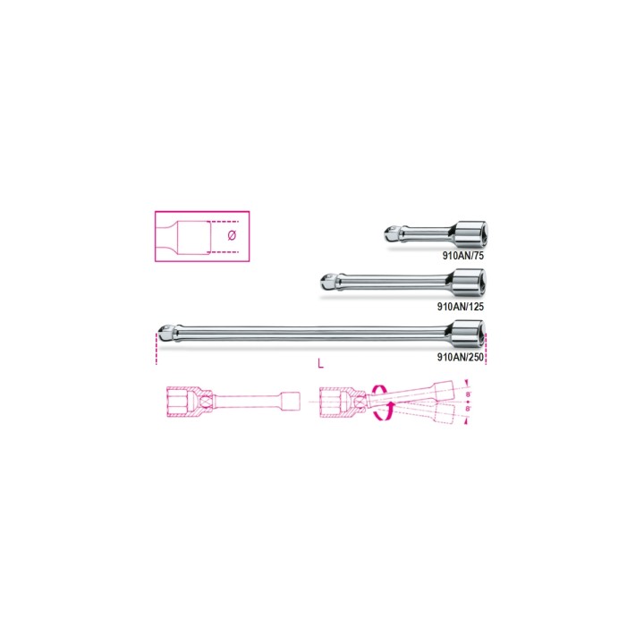 Beta 910AN/125 Prolunghe a mano con attacchi quadri maschio e femmina 3/8" angolari cromate 009100828