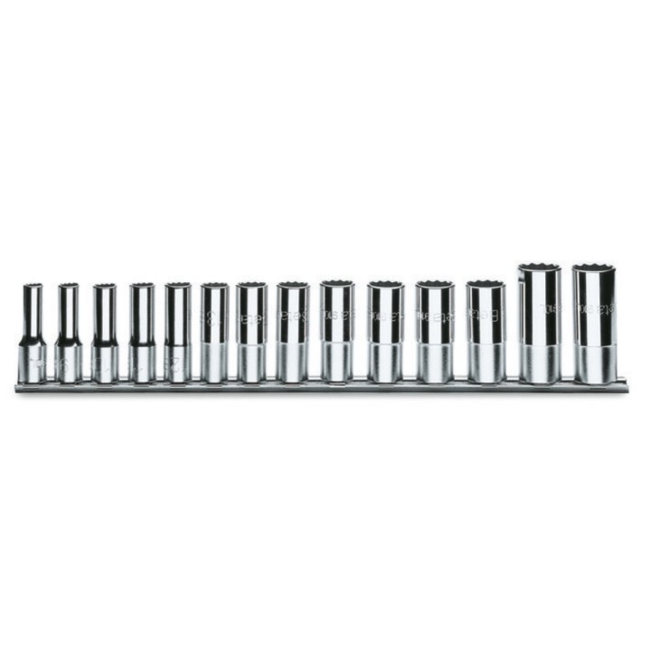 Beta 910BL/SB14 Serie di 14 chiavi a bussola a mano lunghe bocca poligonale (art. 910BL) su supporto 009100340