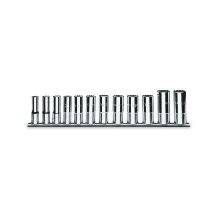 Beta 910ASL/SB12 Serie di 12 chiavi a bussola a mano lunghe bocca poligonale (art. 910AS/L) su supporto 009100365