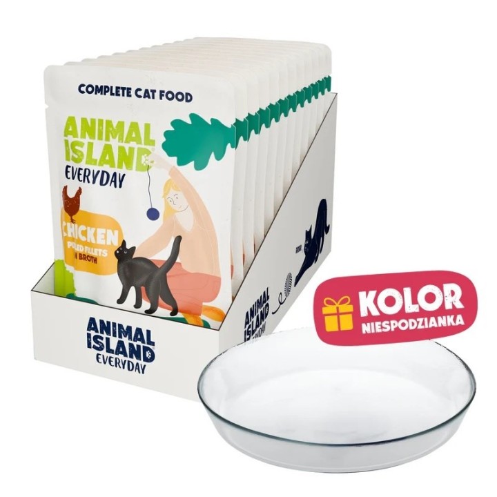ANIMAL ISLAND Everyday Pollo in brodo Scatola - cibo umido per gatti - 12x85g + piatto omaggio