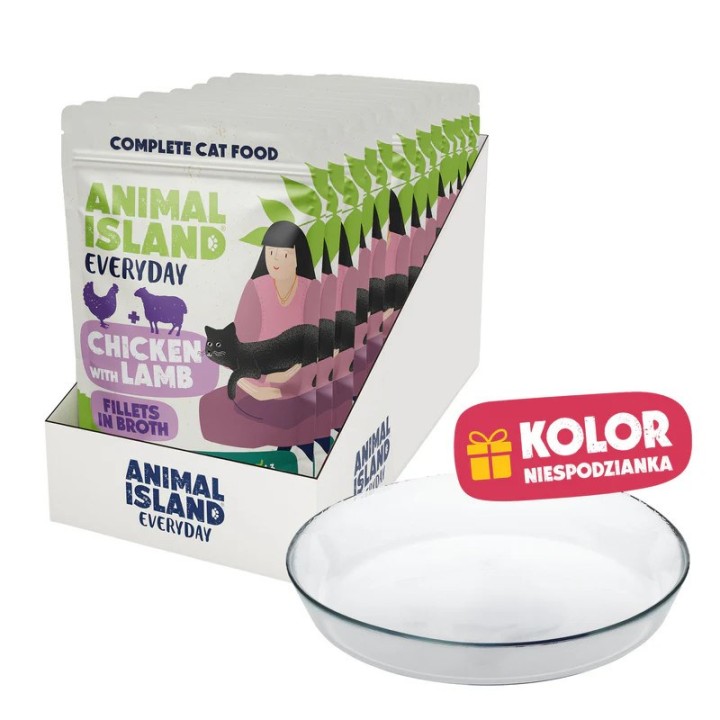 ANIMAL ISLAND Everyday Pollo con agnello in brodo Box - cibo umido per gatti - 12x85g + piatto omaggio
