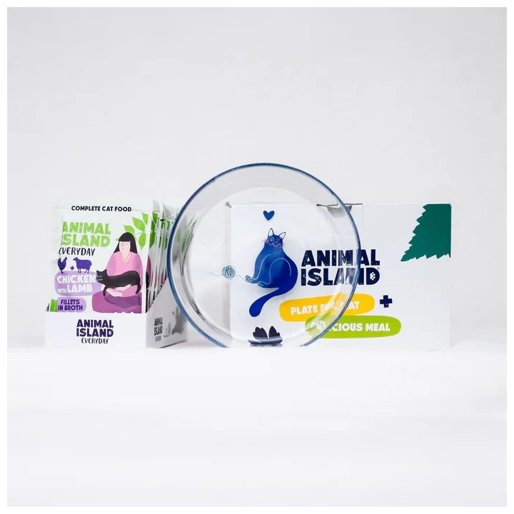 ANIMAL ISLAND Everyday Pollo con agnello in brodo Box - cibo umido per gatti - 12x85g + piatto omaggio