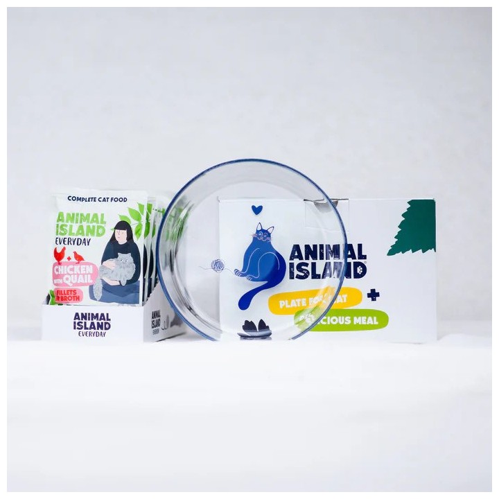 ANIMAL ISLAND Everyday Pollo con quaglia in brodo Scatola - cibo umido per gatti - 12x85g + piatto omaggio