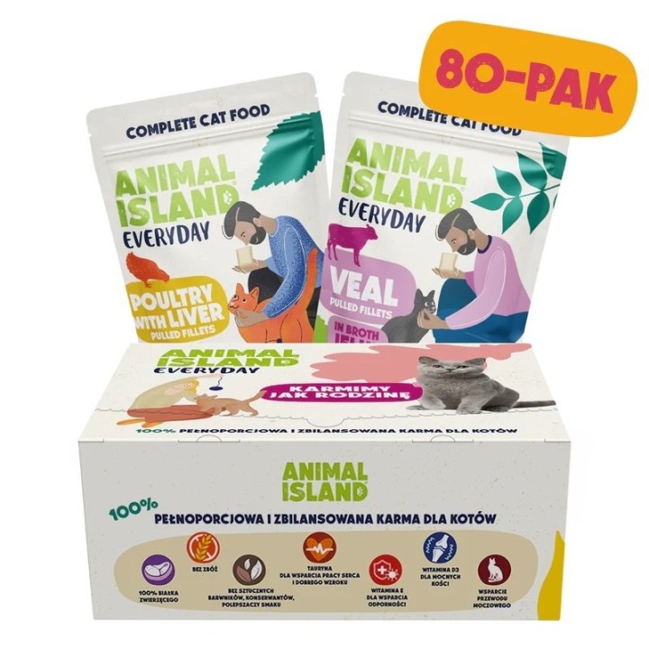 ANIMAL ISLAND Everyday Filetti Pollame con fegato e Vitello Scatola - cibo umido per gatti - 80x85g
