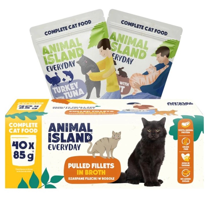 ANIMAL ISLAND Everyday Filetti in brodo Tacchino con tonno e Vitello con coniglio Box - cibo umido per gatti - 40x85g