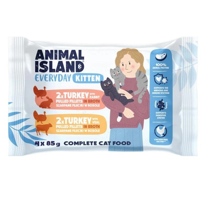 ANIMAL ISLAND Everyday Kitten Tacchino con coniglio Tacchino con vitello Scatola - cibo umido per gatti - 4x85g