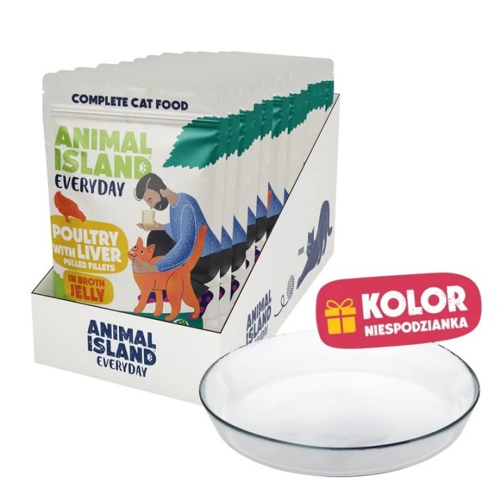 ANIMAL ISLAND Everyday Pollame con fegato in gelatina Scatola - cibo umido per gatti - 12x85g + piatto omaggio