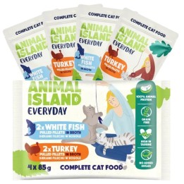 ANIMAL ISLAND Everyday Filetti di tacchino e pesce bianco in brodo - cibo umido per gatti - 4 x 85g