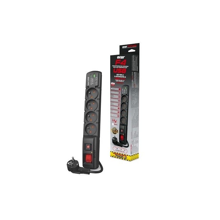 Acar F4 USB A+C cavo di protezione da sovratensione (caricabatterie veloce) 5m, nero