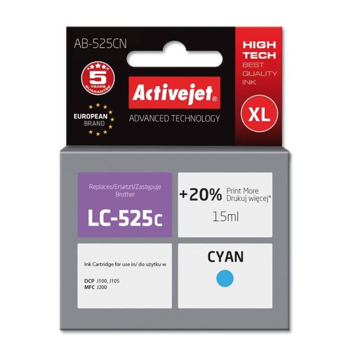 Activejet AB-525CN Inchiostro (sostituzione per Brother LC525C, Supreme, 15 ml, ciano)