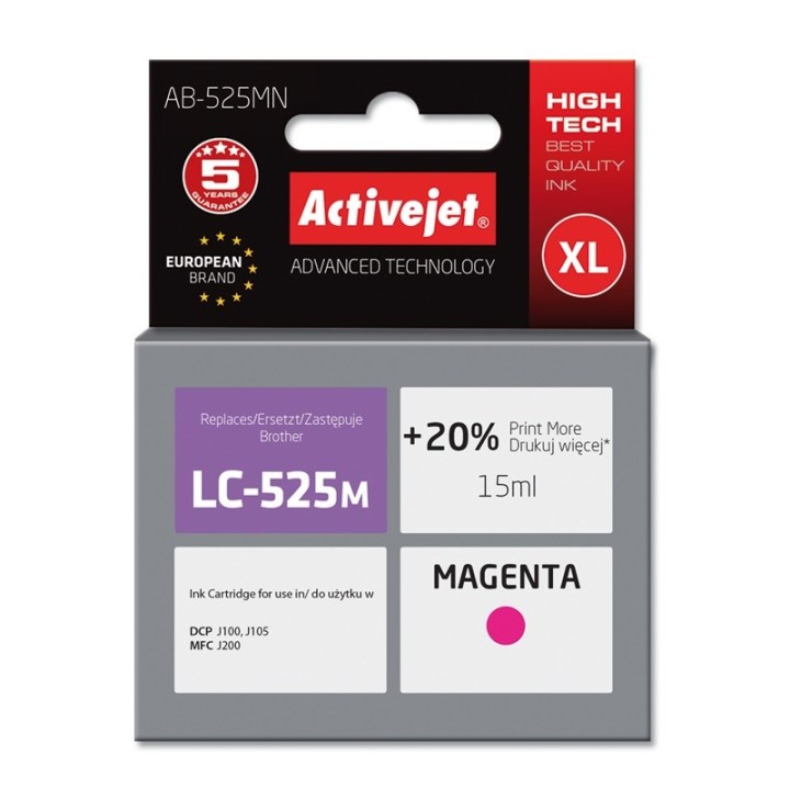 Activejet AB-525MN inchiostro (sostituzione per Brother LC525M, Supreme, 15 ml, magenta). Stampa il 20% in più rispetto a OEM