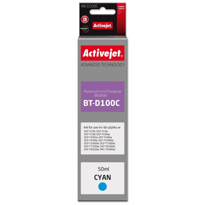 Activejet AB-D100C Cartuccia inchiostro per stampanti Brother sostitutiva per Brother BT-D100C, Supreme, 50 ml, ciano