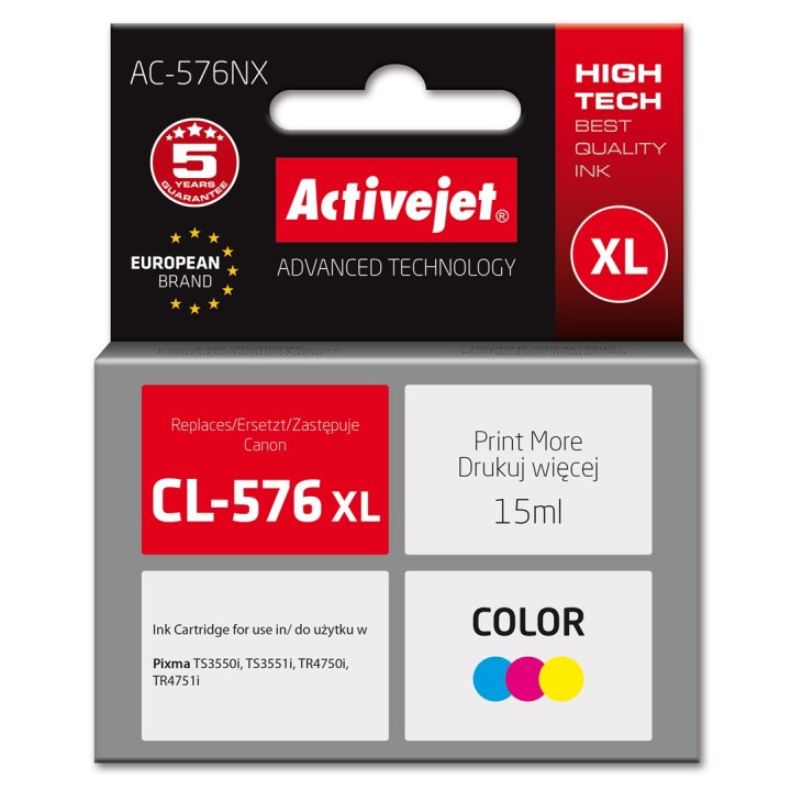 Activejet AC-576NX Canon inchiostro stampante sostitutivo Canon CL-576XL, Supreme, 15 ml, colore: blu giallo magenta