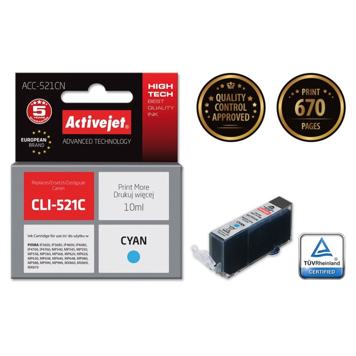 Activejet ACC-521CN cartuccia d'inchiostro (ricambio per Canon CLI-521C, Supreme, 10 ml, ciano)