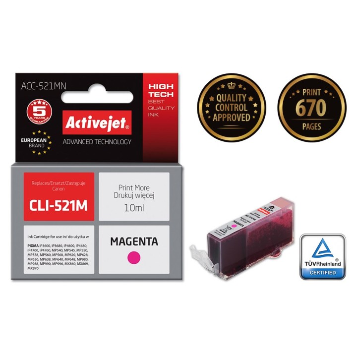 Activejet ACC-521MN inchiostro (ricambio per Canon CLI-521M, Supreme, 10 ml, magenta)