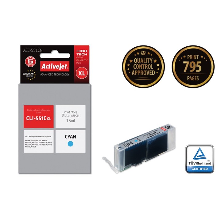Activejet ACC-551CN Cartuccia d'inchiostro (ricambio per Canon CLI-551C, Supreme, 15 ml, ciano)