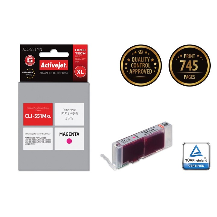 Activejet ACC-551MN Cartuccia d'inchiostro (ricambio per Canon CLI-551M, Supreme, 15 ml, magenta)