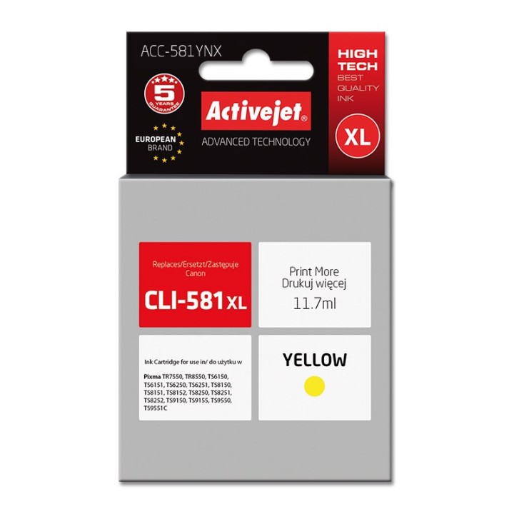Activejet ACC-581YNX inchiostro (sostituzione per Canon CLI-581XLY, Supreme, 11 70 ml, giallo)