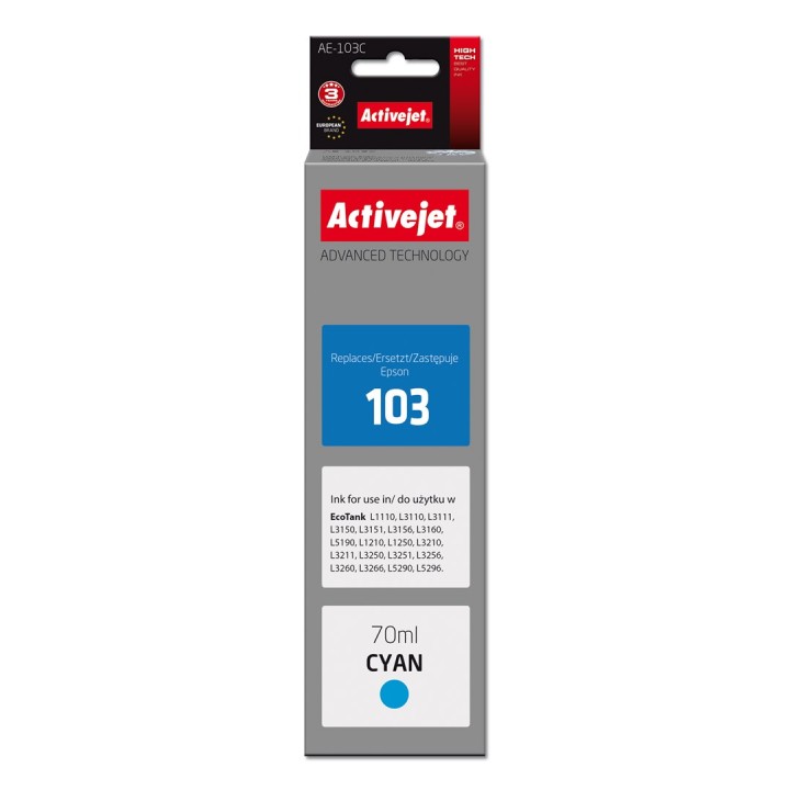 Activejet AE-103C Bottiglia di inchiostro (Ricambio Epson 103 C13T00S24A, Supreme, 70 ml, ciano)