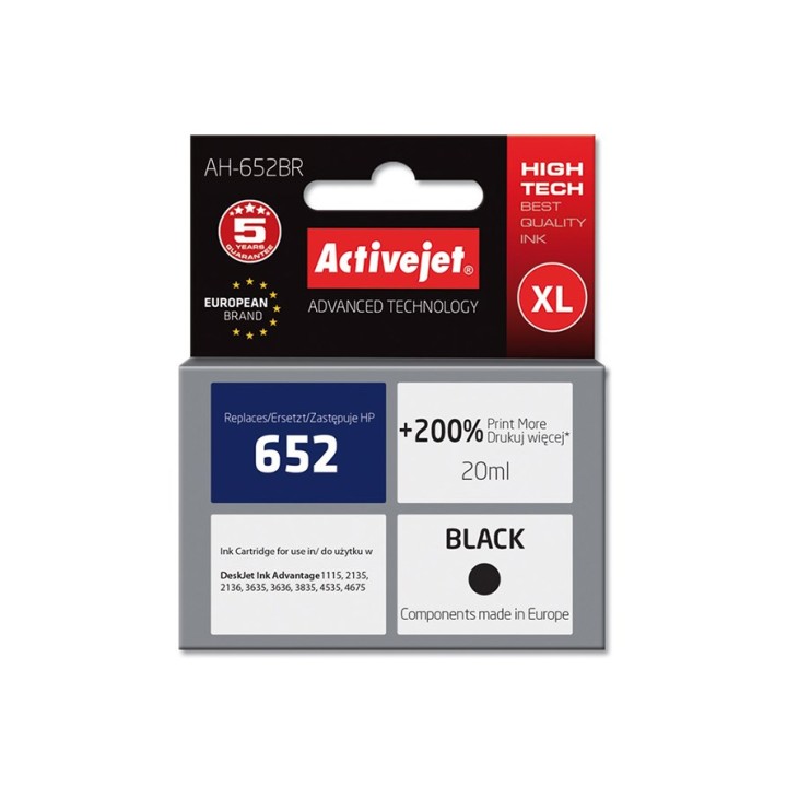 Activejet AH-652BR Inchiostro per stampante HP, sostituzione HP 652 F6V25AE, Premium, 20 ml, nero