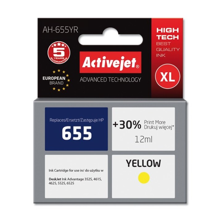 Activejet AH-655YR Inchiostro (sostituzione HP 655 CZ112AE, Premium, 12 ml, giallo)