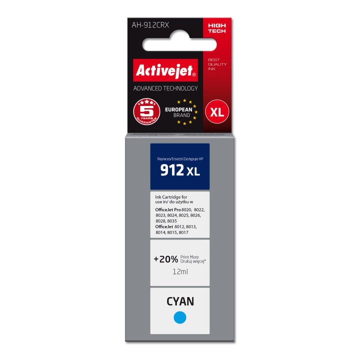 Activejet AH-912CRX Cartuccia d'inchiostro (sostituzione per HP 912XL 3YL81AE, Premium, 990 pagine, ciano)