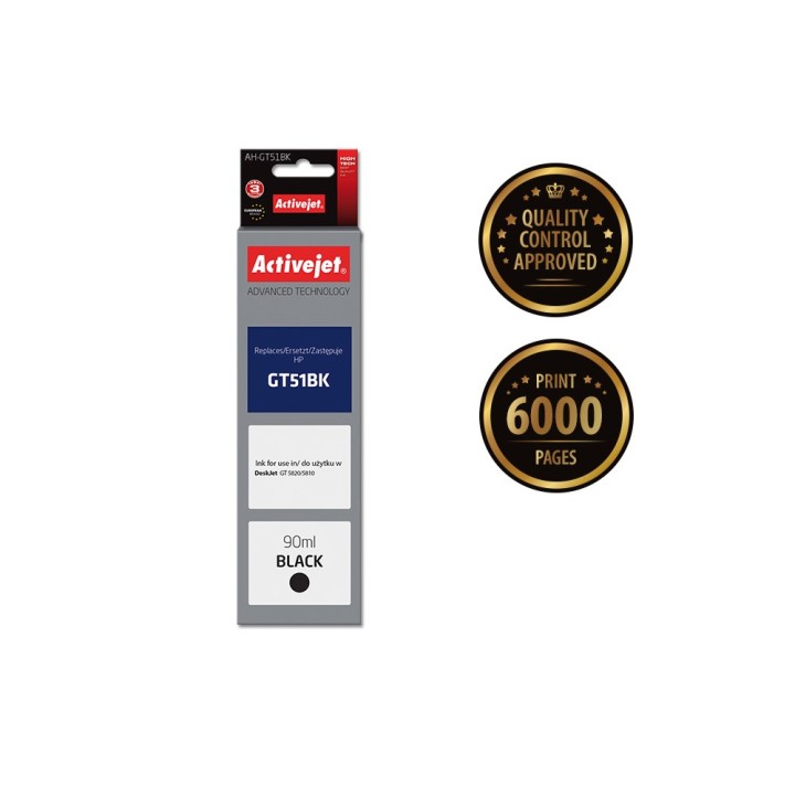 Activejet AH-GT51BK Bottiglia d'inchiostro (Sostituisce HP GT51BK M0H57AE, Supreme, 90 ml, 6000 pagine nero)