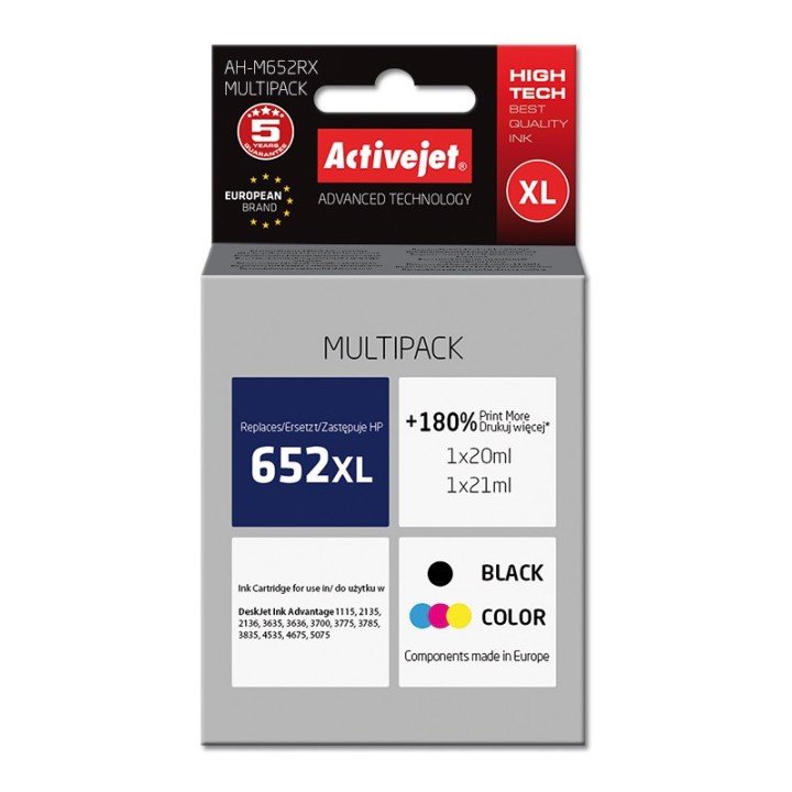 Activejet AH-M652RX Inchiostro (sostituzione per HP 652 F6V25AE/F6V24AE, Premium, 1 x 20 ml 1 x 21 ml, colore nero)