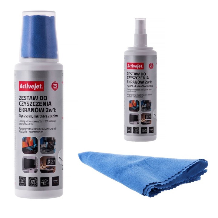 Activejet AOC-269 kit detergente schermo liquido 2in1 250 ml 20x20 cm detergente schermo detergente plastica e panno in microfib