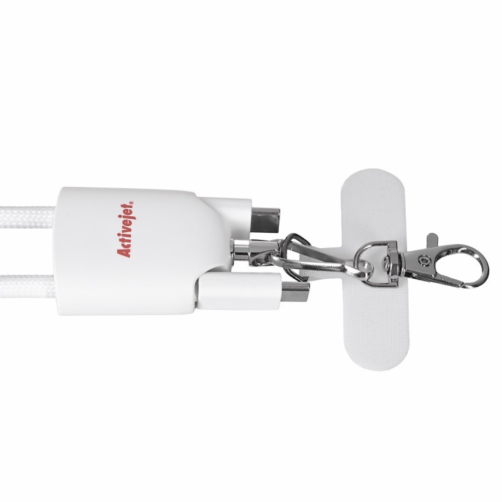 Activejet cordino con cavo di ricarica 3-in-1 bianco. Terminali con vari connettori: USB-C Lightning adattatore USB-A