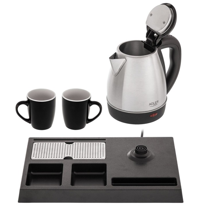 Adler AD 1354 Hotel bollitore acciaio inox 1.2 L + vassaio con tazze acciaio nero