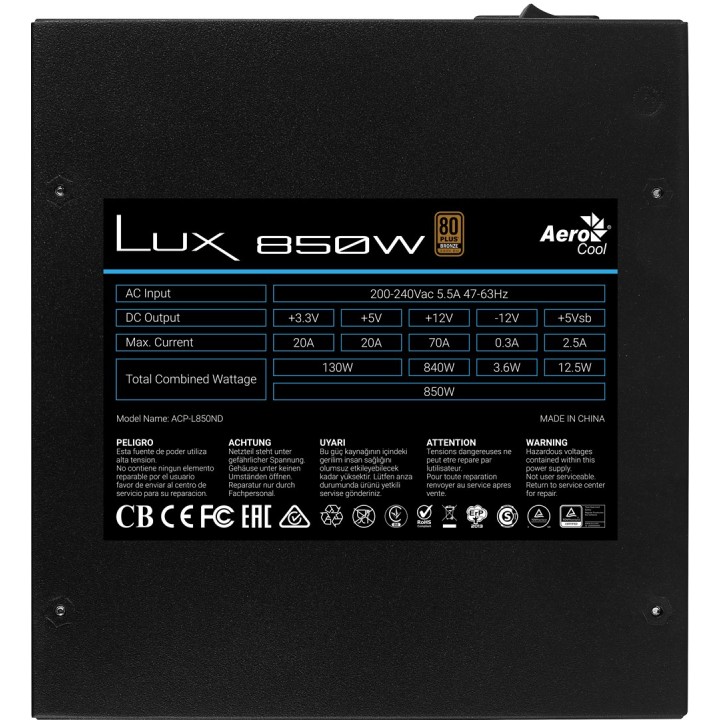 Aerocool LUX850 PC alimentatore 850W 80 Plus Bronze 230V 88% efficienza nero